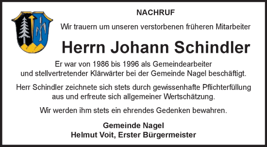 Traueranzeige von Johann Schindler von Frankenpost