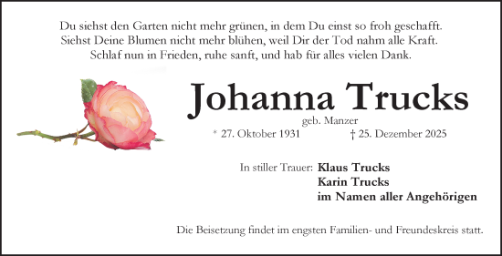 Traueranzeige von Johanna Trucks von Neue Presse Coburg