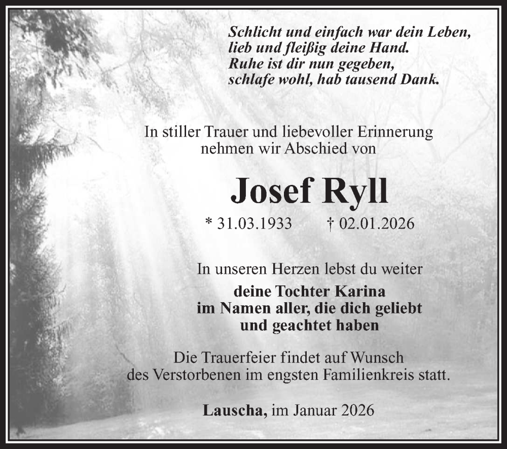  Traueranzeige für Josef Ryll vom 17.01.2026 aus Südthüringer Presse