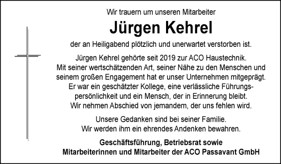 Traueranzeige von Jürgen Kehrel von Südthüringer Presse