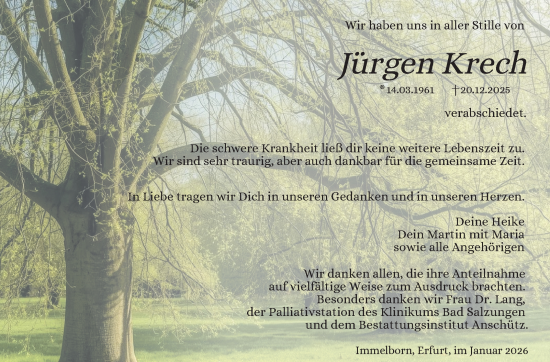 Traueranzeige von Jürgen Krech von Südthüringer Presse