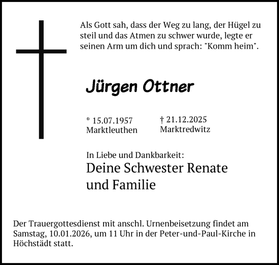 Traueranzeige von Jürgen Ottner von Frankenpost