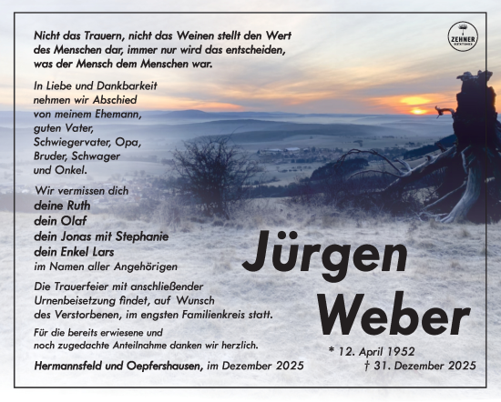 Traueranzeige von Jürgen Weber von Südthüringer Presse