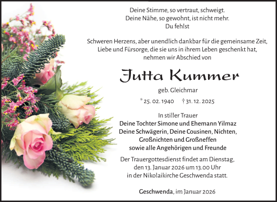 Traueranzeige von Jutta Kummer von Südthüringer Presse
