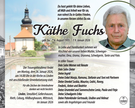 Traueranzeige von Käthe Fuchs von Südthüringer Presse
