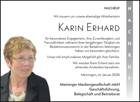 Traueranzeige von Karin Erhard von Südthüringer Presse