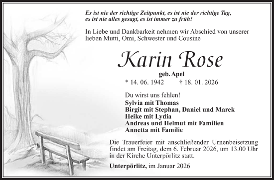 Traueranzeige von Karin Rose von Südthüringer Presse