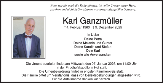 Traueranzeige von Karl Ganzmüller von Frankenpost