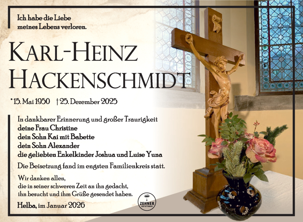  Traueranzeige für Karl-Heinz Hackenschmidt vom 10.01.2026 aus Südthüringer Presse