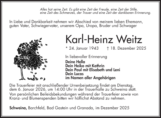 Traueranzeige von Karl-Heinz Weitz von Südthüringer Presse