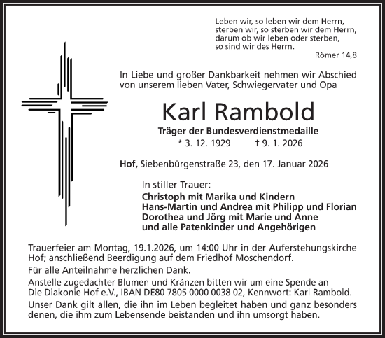 Traueranzeige von Karl Rambold von Frankenpost