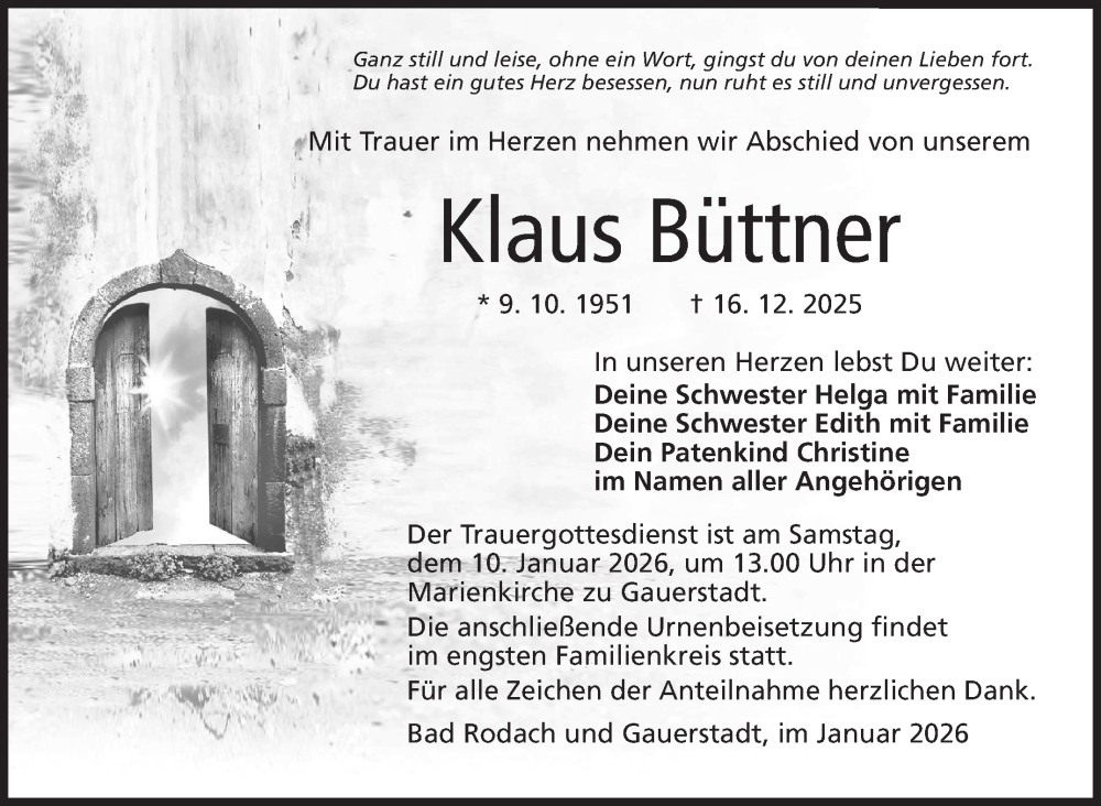  Traueranzeige für Klaus Büttner vom 03.01.2026 aus Neue Presse Coburg