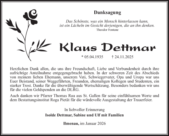 Traueranzeige von Klaus Dettmar von Südthüringer Presse