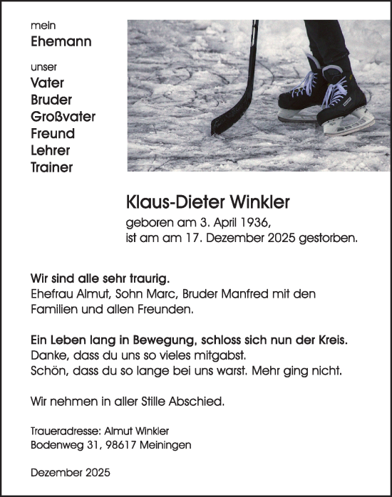 Traueranzeige von Klaus-Dieter Winkler von Südthüringer Presse