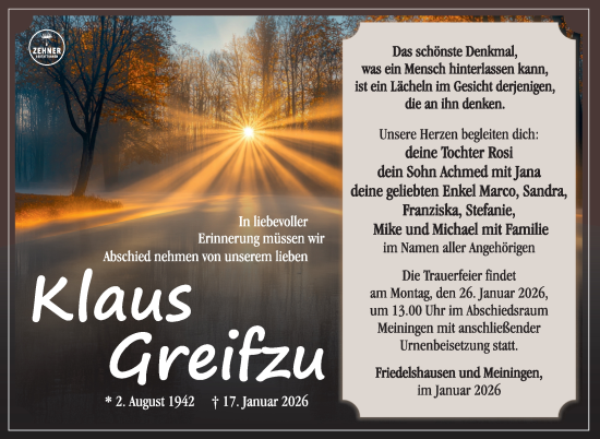 Traueranzeige von Klaus Greifzu von Südthüringer Presse