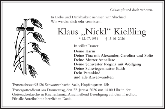 Traueranzeige von Klaus Kießling von Frankenpost