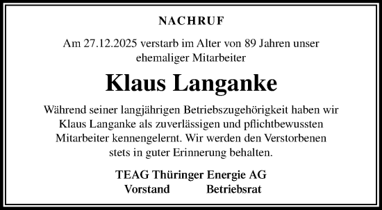 Traueranzeige von Klaus Langanke von Südthüringer Presse