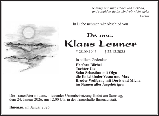 Traueranzeige von Klaus Leuner von Südthüringer Presse