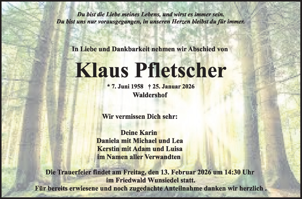  Traueranzeige für Klaus Pfletscher vom 31.01.2026 aus Frankenpost