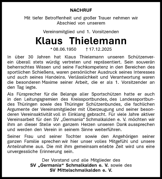 Traueranzeige von Klaus Thielemann von Südthüringer Presse