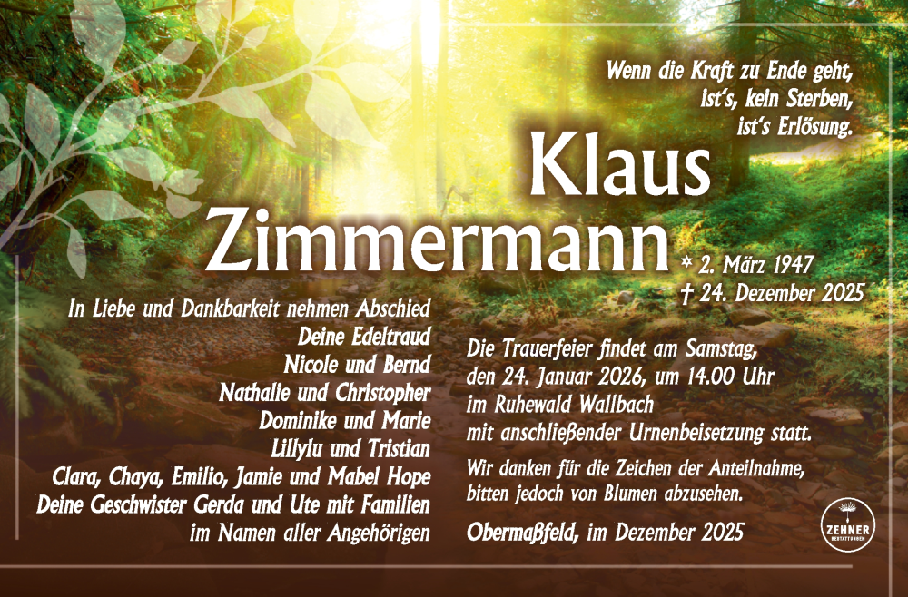  Traueranzeige für Klaus Zimmermann vom 03.01.2026 aus Südthüringer Presse