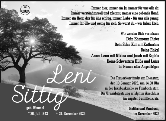 Traueranzeige von Leni Sittig von Südthüringer Presse