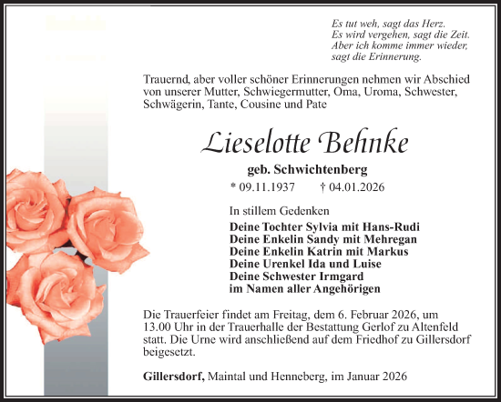 Traueranzeige von Lieselotte Behnke von Südthüringer Presse