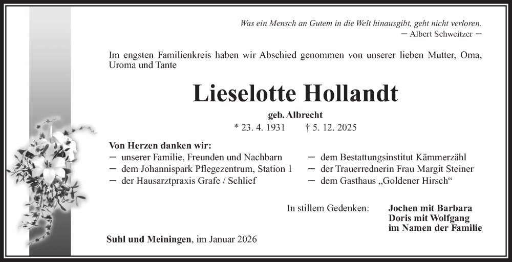 Traueranzeige für Lieselotte Hollandt vom 17.01.2026 aus Südthüringer Presse