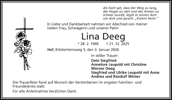 Traueranzeige von Lina Deeg von Frankenpost