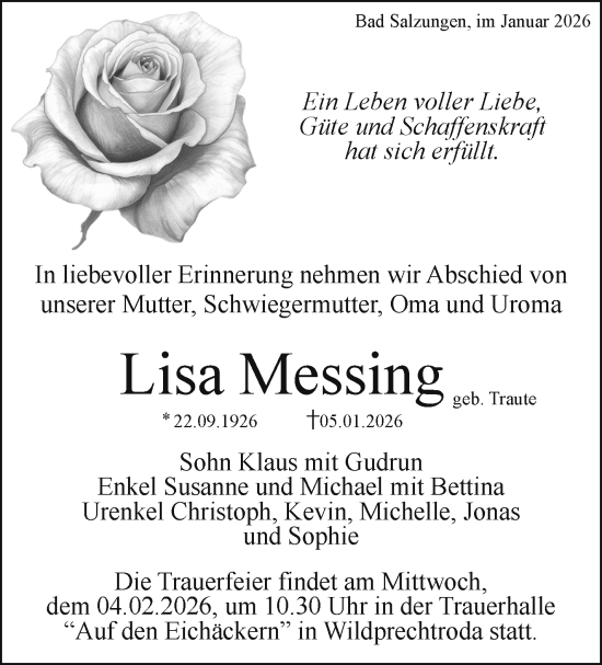 Traueranzeige von Lisa Messing von Südthüringer Presse