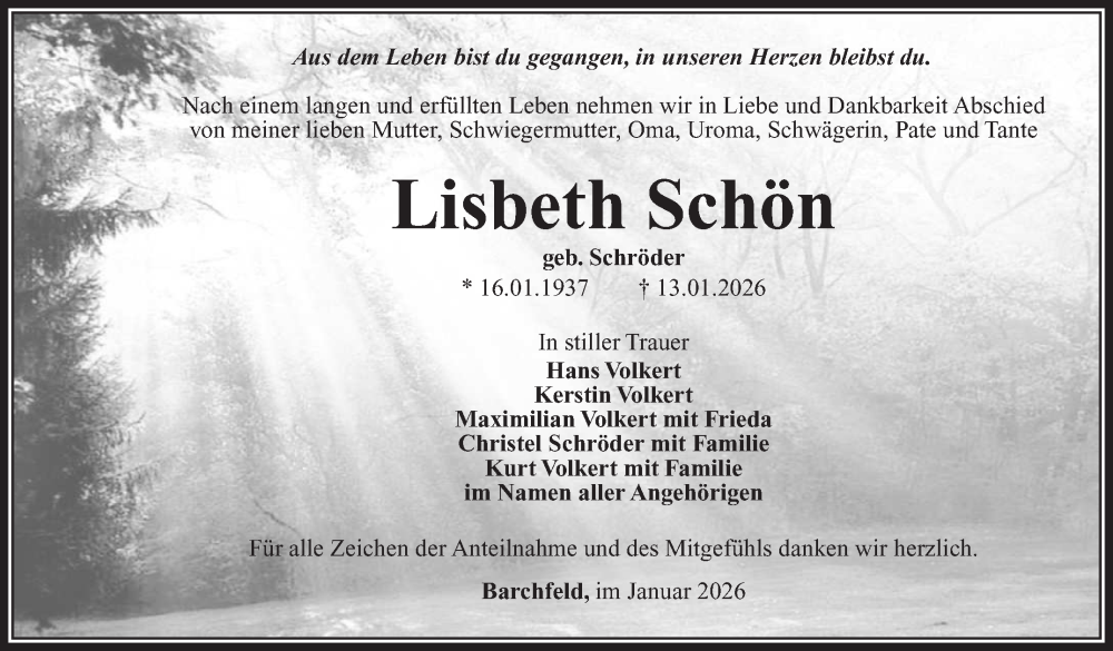  Traueranzeige für Lisbeth Schön vom 31.01.2026 aus Südthüringer Presse