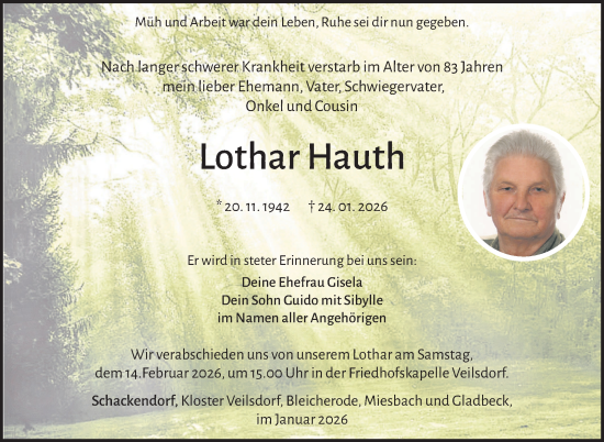 Traueranzeige von Lothar Hauth von Südthüringer Presse
