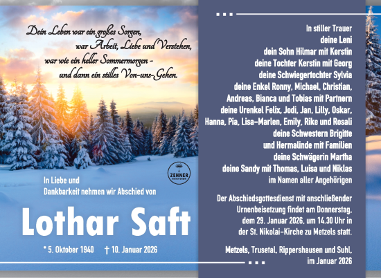 Traueranzeige von Lothar Saft von Südthüringer Presse