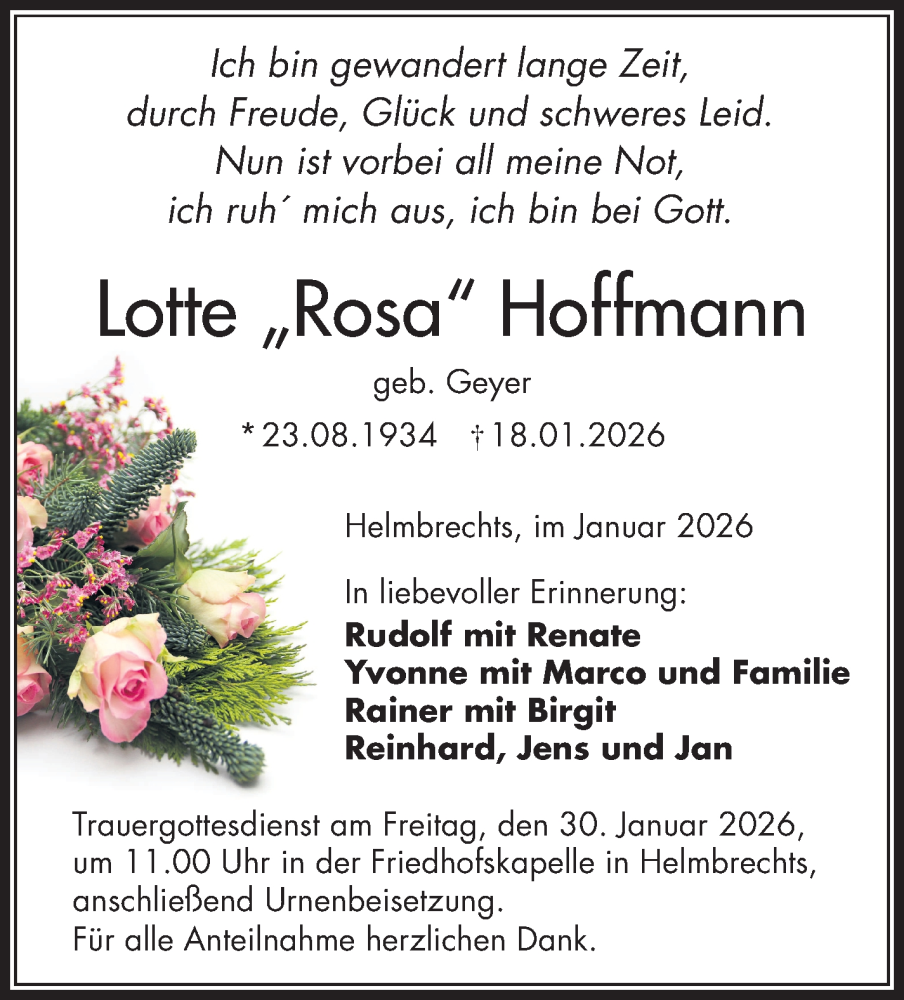  Traueranzeige für Lotte Hoffmann vom 24.01.2026 aus Frankenpost