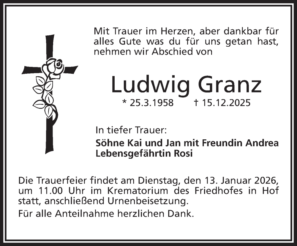  Traueranzeige für Ludwig Granz vom 10.01.2026 aus Frankenpost