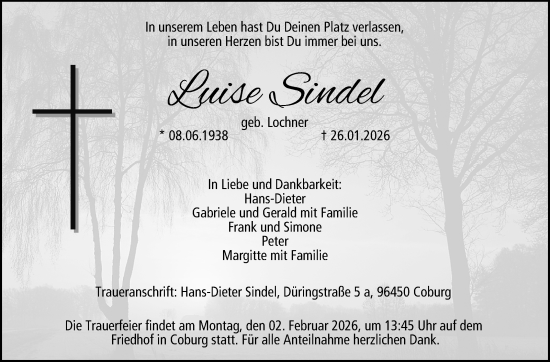 Traueranzeige von Luise Sindel von Neue Presse Coburg