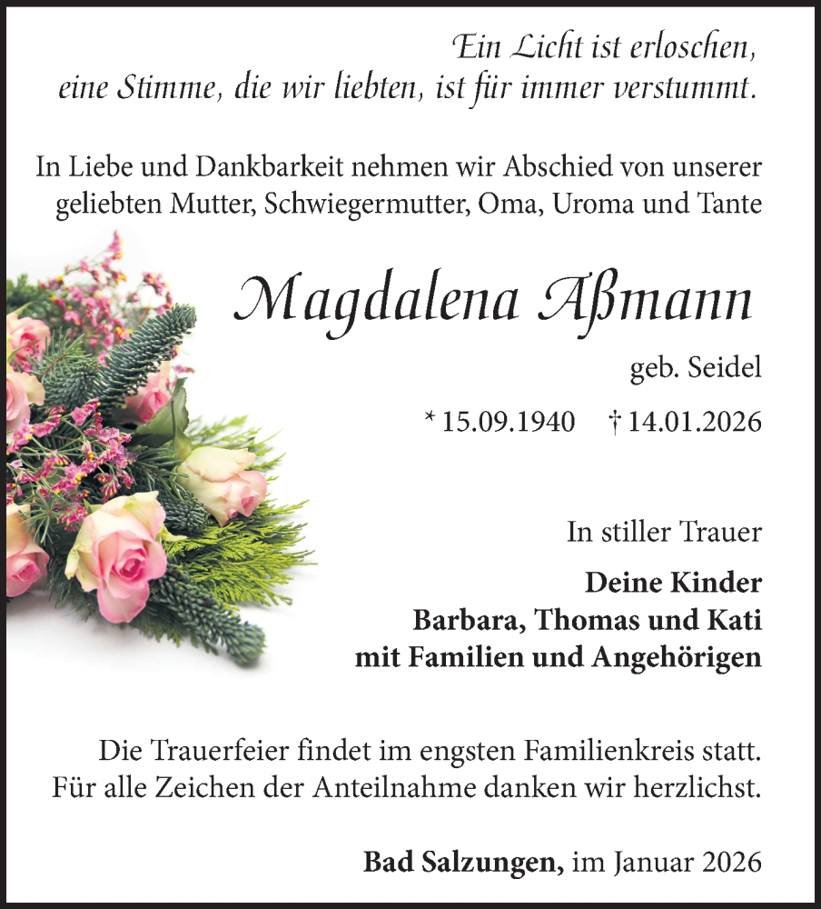  Traueranzeige für Magdalena Aßmann vom 31.01.2026 aus Südthüringer Presse