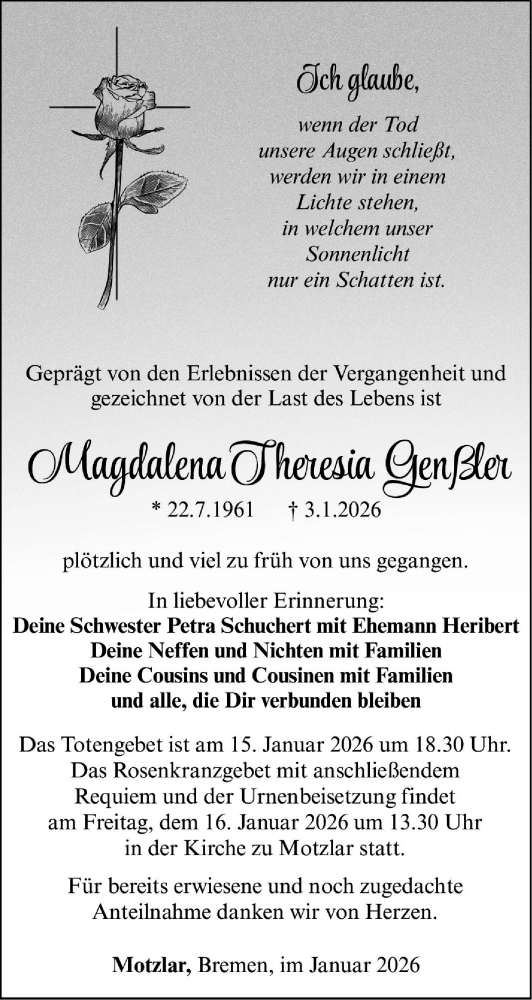  Traueranzeige für Magdalena Genßler vom 13.01.2026 aus Südthüringer Presse