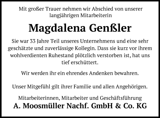Traueranzeige von Magdalena Genßler von Südthüringer Presse