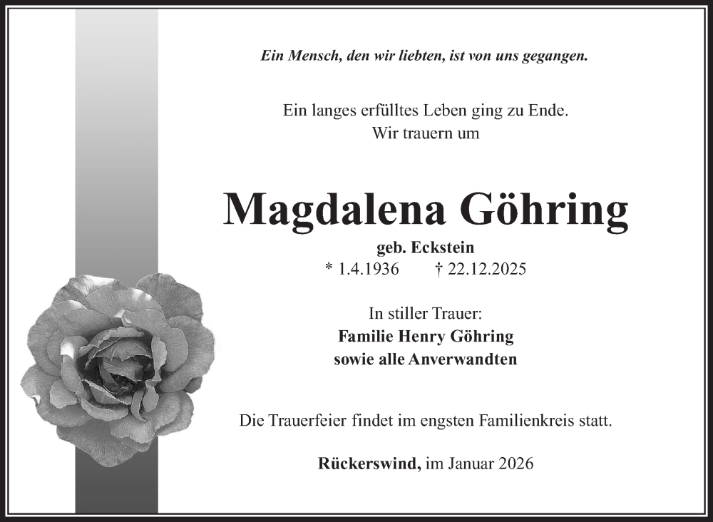  Traueranzeige für Magdalena Göhring vom 10.01.2026 aus Südthüringer Presse