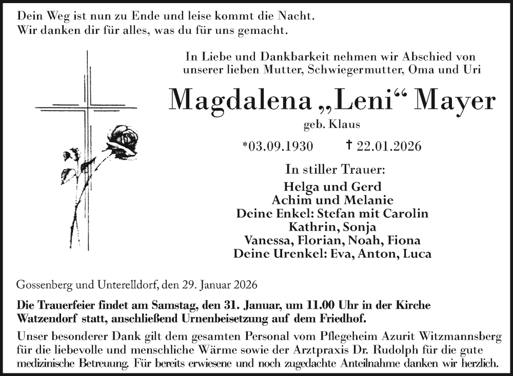  Traueranzeige für Magdalena Mayer vom 29.01.2026 aus Neue Presse Coburg