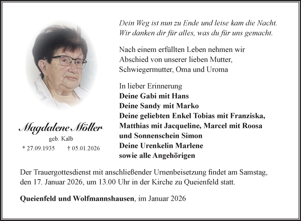  Traueranzeige für Magdalene Möller vom 14.01.2026 aus Südthüringer Presse