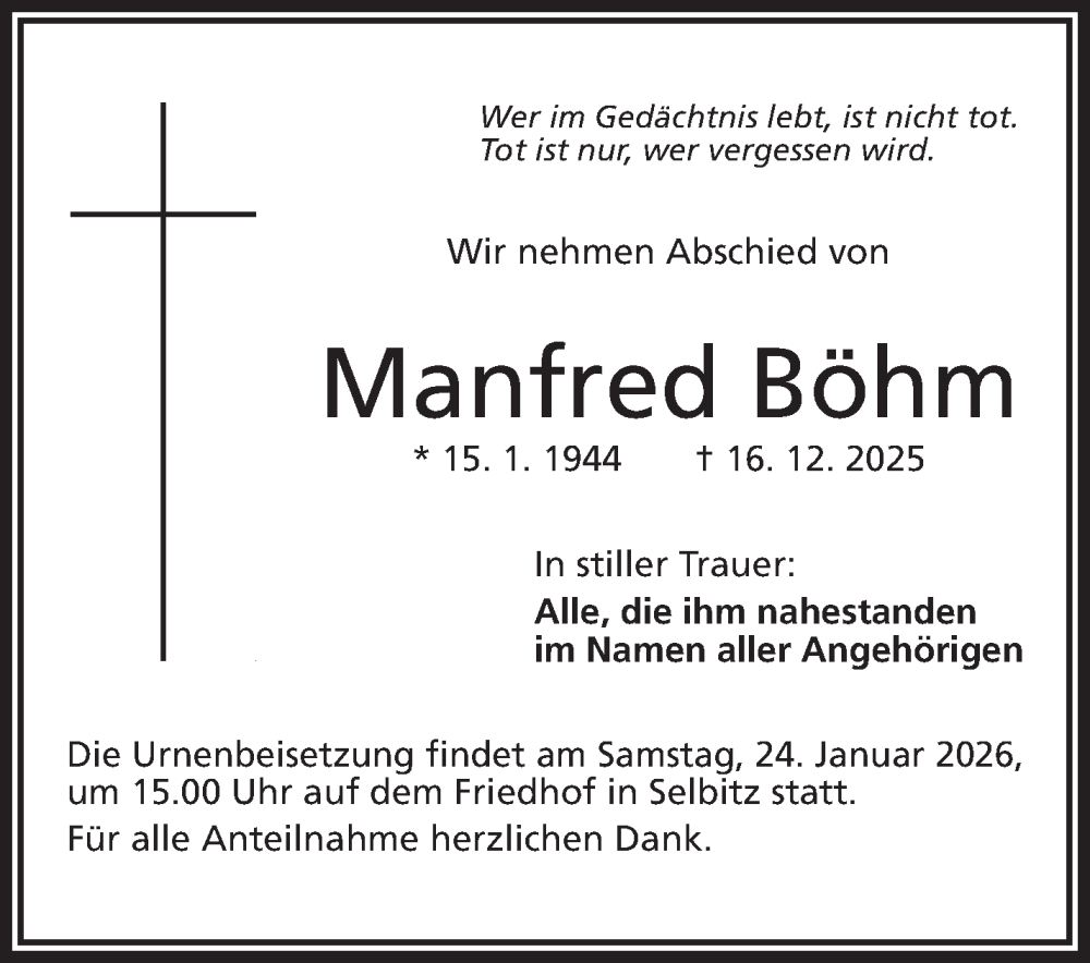  Traueranzeige für Manfred Böhm vom 22.01.2026 aus Frankenpost