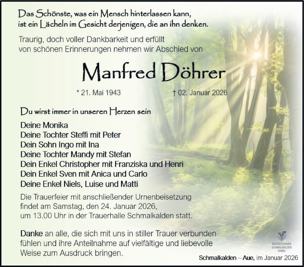  Traueranzeige für Manfred Döhrer vom 17.01.2026 aus Südthüringer Presse