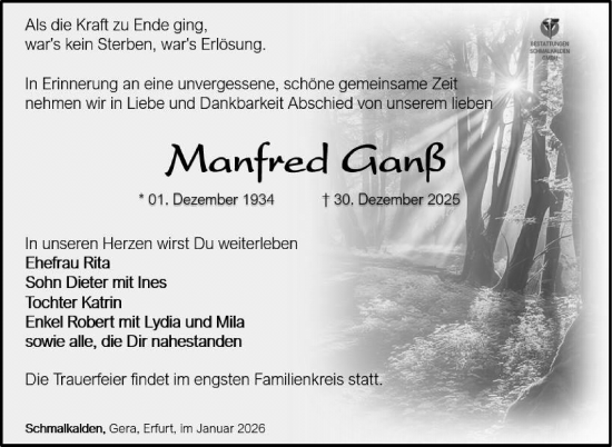 Traueranzeige von Manfred Ganß von Südthüringer Presse