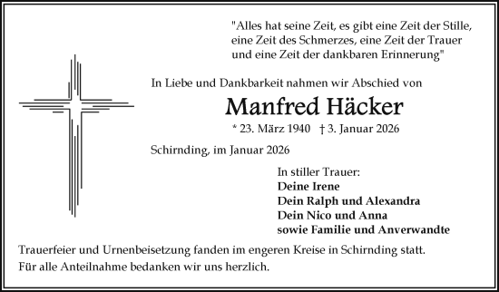 Traueranzeige von Manfred Häcker von Frankenpost