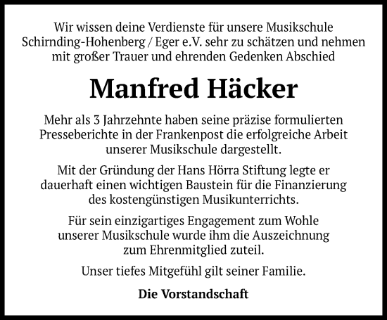 Traueranzeige von Manfred Häcker von Frankenpost
