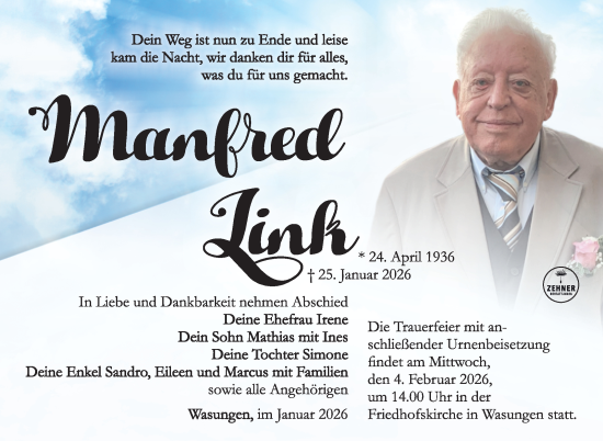 Traueranzeige von Manfred Link von Südthüringer Presse