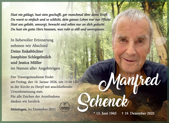 Traueranzeige von Manfred Schenck von Südthüringer Presse