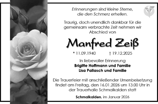 Traueranzeige von Manfred Zeiß von Südthüringer Presse